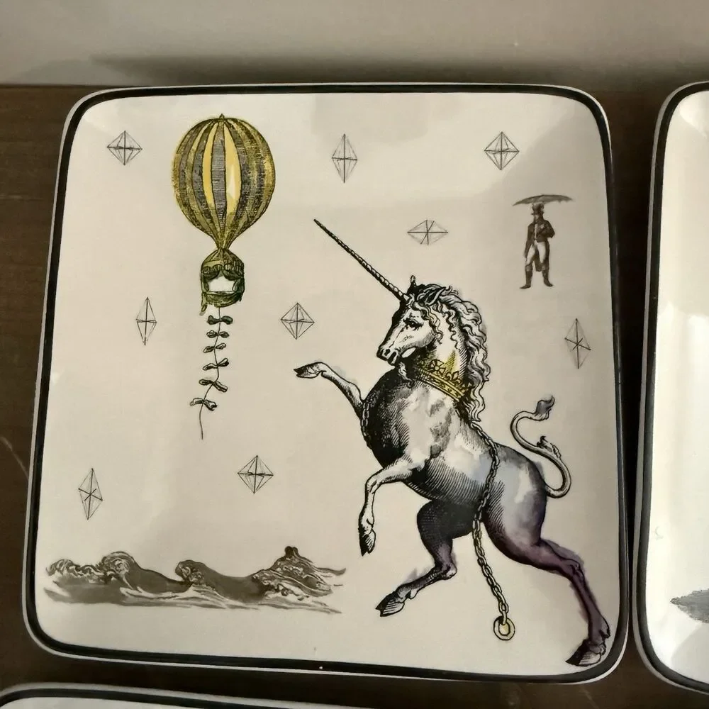 4 Pottery Barn Whimsical Square Appetizer Snack Plate Set Unicorn Tiger Elephant
